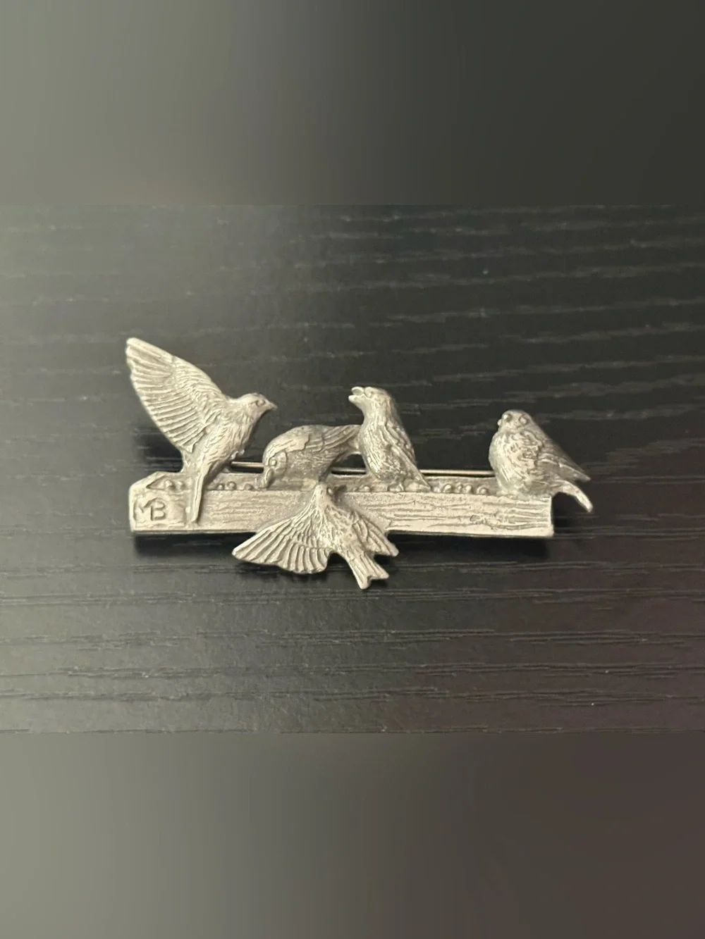Vintage 1999 Pewter Brooch Titled “Birds at the Feeder” by Marjolein Bastin